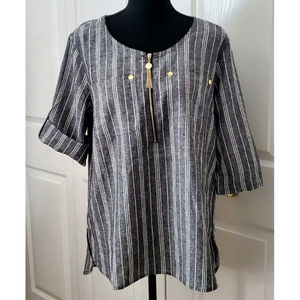NWT Anne Klein Women's White Gray Linen Tunic 1/4 Zip Roll Tab Sleeve Top Sz M